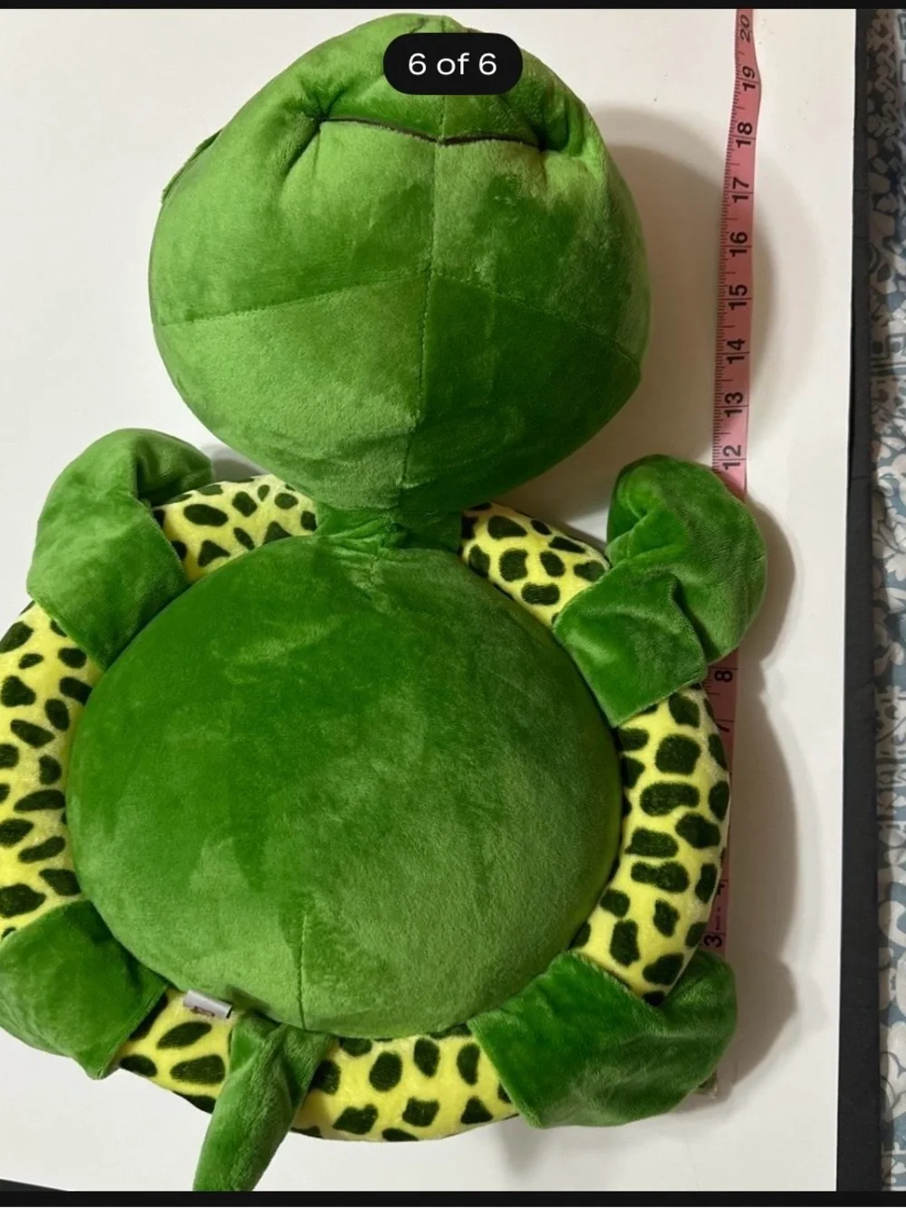 Nico Bright Green Plush Turtle Pet Pillow with Yellow Leopard Trim& big sad eyes
